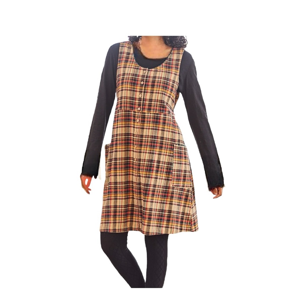 April Cornell Beige Red Black Plaid Sleeveless Pinafore Dress